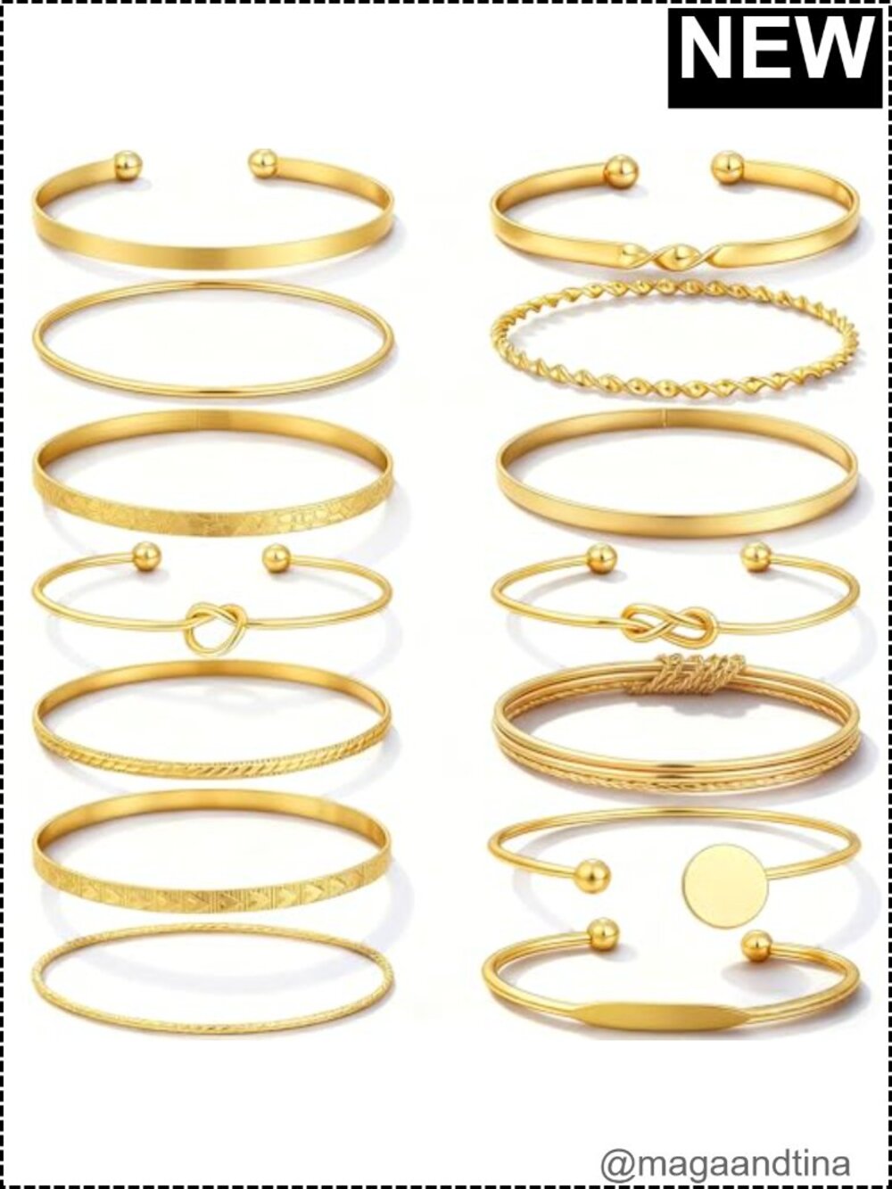 14 Pcs Multilayer Bangle Bracelet Set Gold Plated Textured Stackable Boho